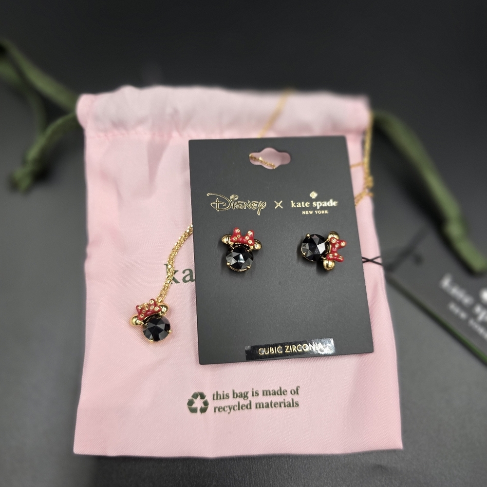 NWT Kate spade Disney Minnie Mouse Black&Red Crystal Necklace and Earrings Set - Picture 1 of 4
